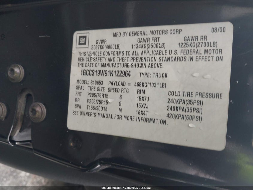 1GCCS19W91K122964 2001 CHEVROLET S-10 PICKUP photo no. 9