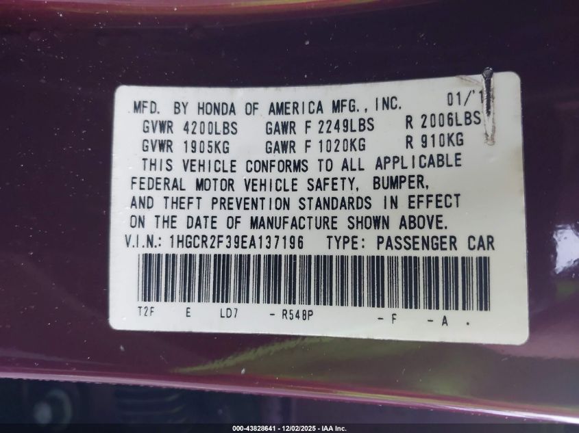 2014 Honda Accord Lx VIN: 1HGCR2F39EA137196 Lot: 43828641