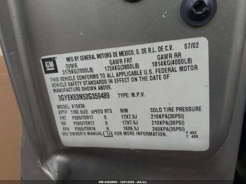 2002 Cadillac Escalade Ext Standard VIN: 3GYEK63N52G359489 Lot: 43828650