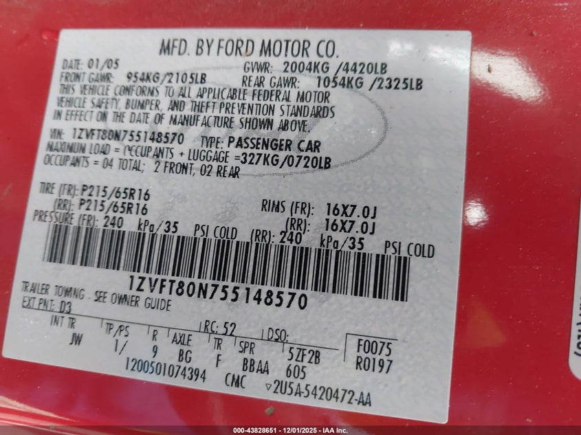 1ZVFT80N755148570 2005 FORD MUSTANG photo no. 9