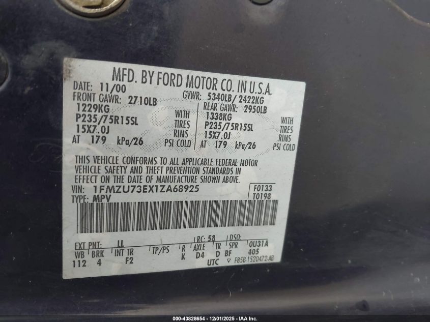 2001 Ford Explorer Xlt VIN: 1FMZU73EX1ZA68925 Lot: 43828654