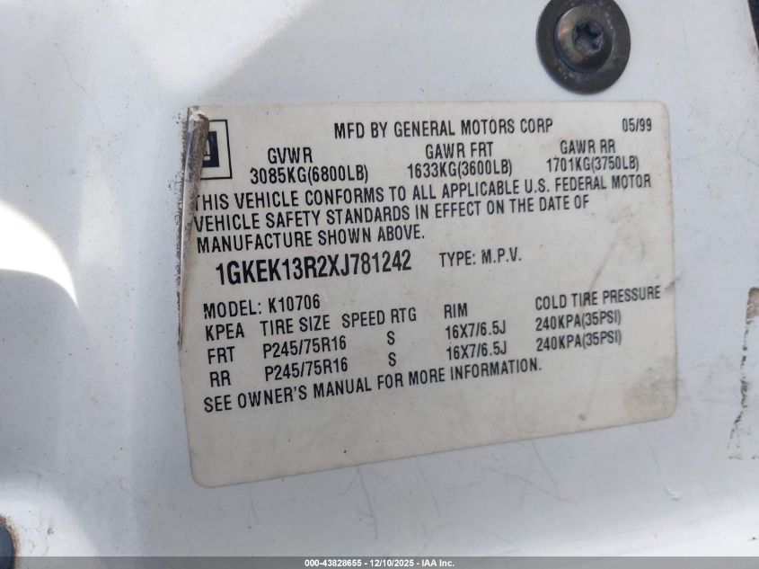 1999 GMC Yukon Slt Cmi VIN: 1GKEK13R2XJ781242 Lot: 43828655