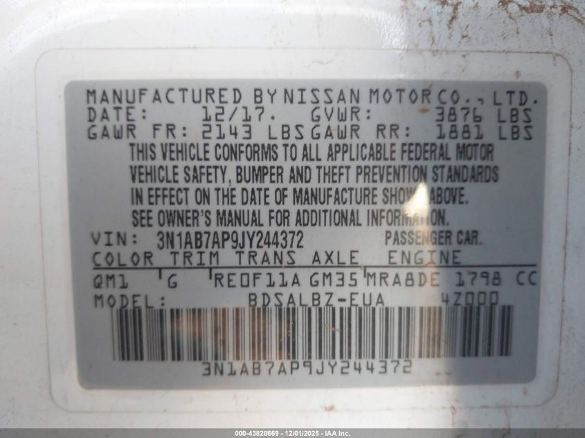 2018 Nissan Sentra S VIN: 3N1AB7AP9JY244372 Lot: 43828669