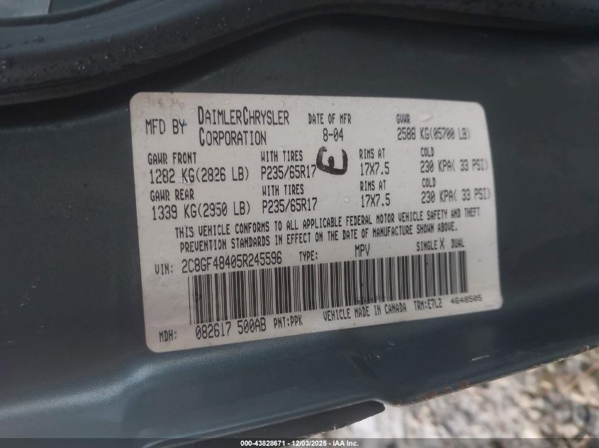 2005 Chrysler Pacifica VIN: 2C8GF48405R245596 Lot: 43828671