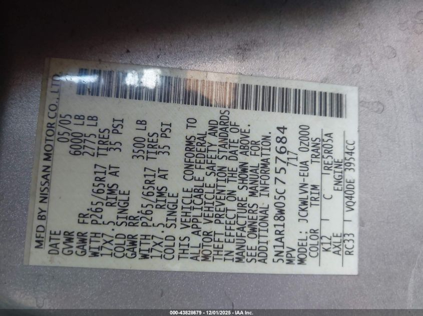 2005 Nissan Pathfinder Le VIN: 5N1AR18W05C757684 Lot: 43828679