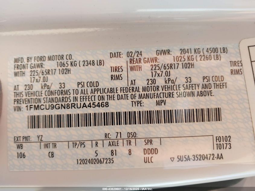 2024 Ford Escape Active VIN: 1FMCU9GN8RUA45468 Lot: 43828681