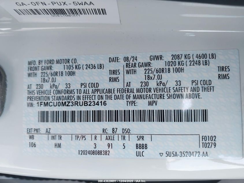 2024 Ford Escape St-Line VIN: 1FMCU0MZ3RUB23416 Lot: 43828691