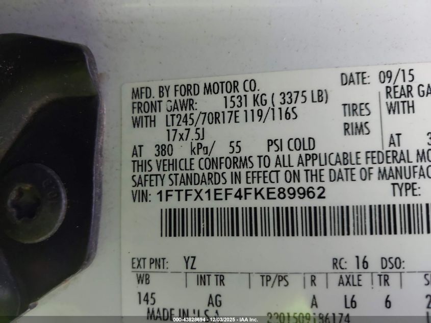 2015 Ford F-150 Xl VIN: 1FTFX1EF4FKE89962 Lot: 43828694