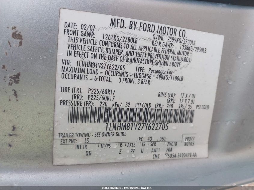 2007 Lincoln Town Car Signature VIN: 1LNHM81V27Y622705 Lot: 43828696