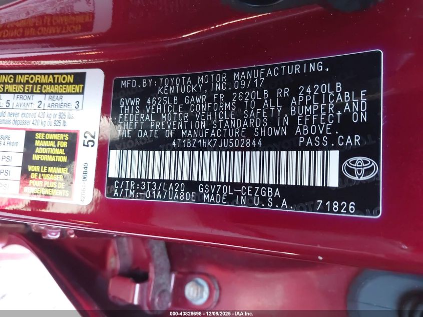 2018 Toyota Camry Xle V6 VIN: 4T1BZ1HK7JU502844 Lot: 43828698