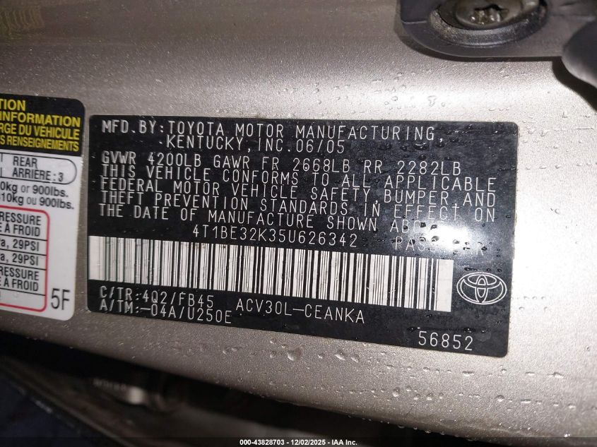 2005 Toyota Camry Le VIN: 4T1BE32K35U626342 Lot: 43828703