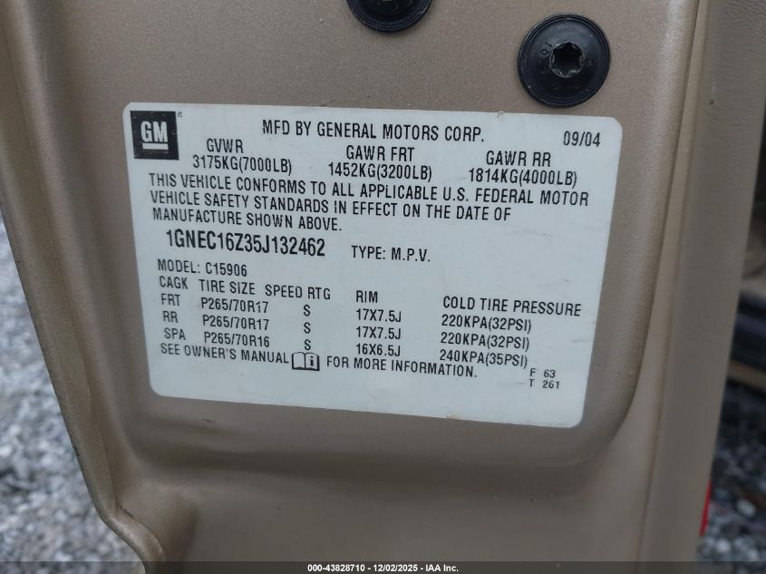 2005 Chevrolet Suburban 1500 Lt VIN: 1GNEC16Z35J132462 Lot: 43828710