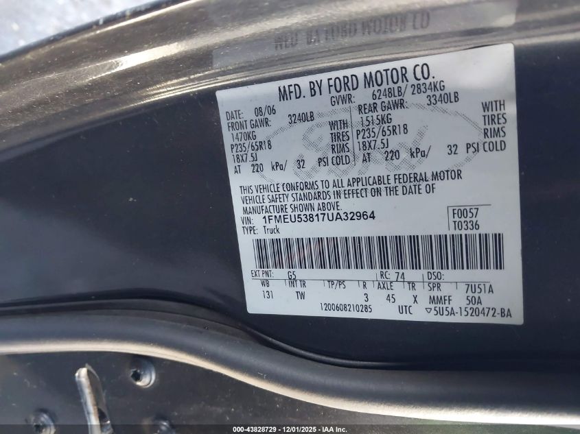 2007 Ford Explorer Sport Trac Limited VIN: 1FMEU53817UA32964 Lot: 43828729
