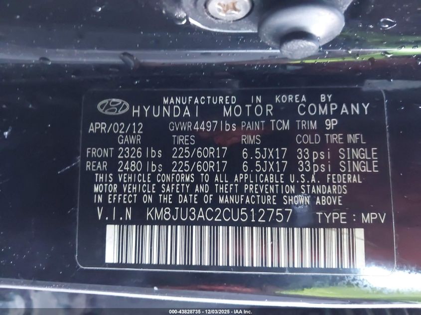 2012 Hyundai Tucson Gls VIN: KM8JU3AC2CU512757 Lot: 43828735