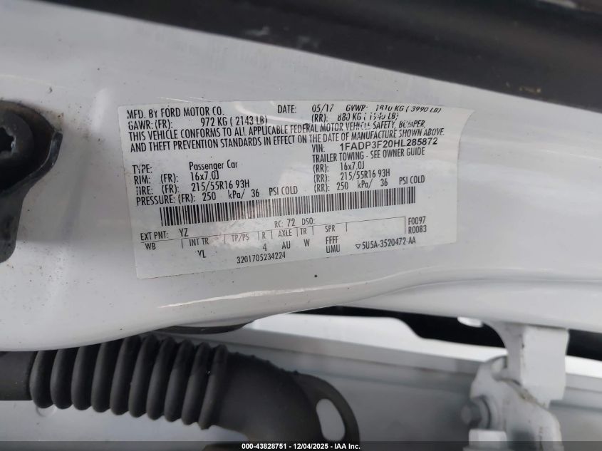 2017 Ford Focus Se VIN: 1FADP3F20HL285872 Lot: 43828751