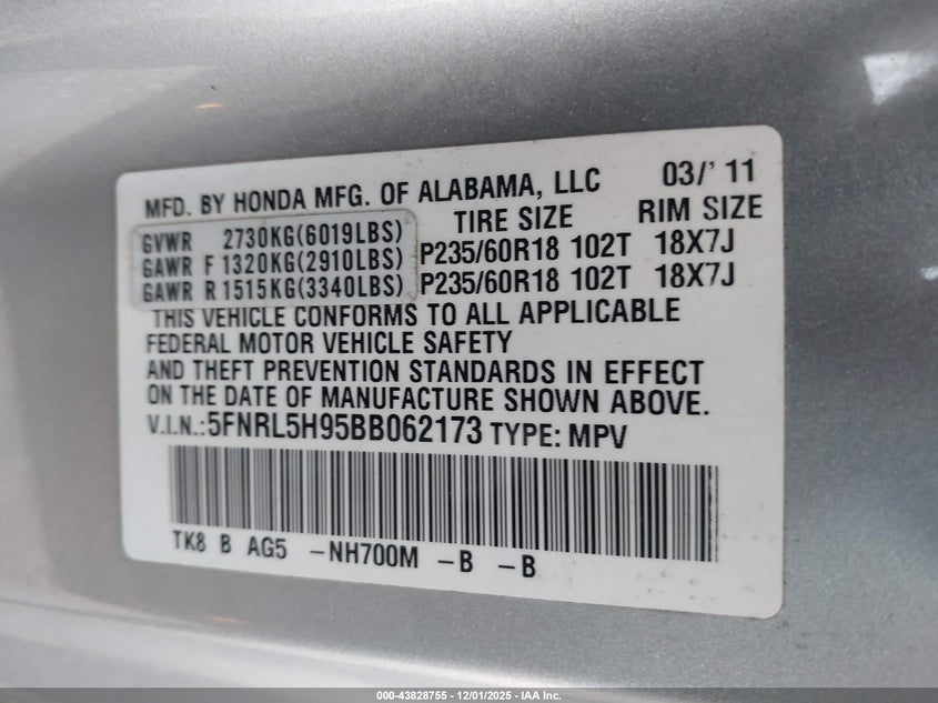 5FNRL5H95BB062173 2011 HONDA ODYSSEY photo no. 9