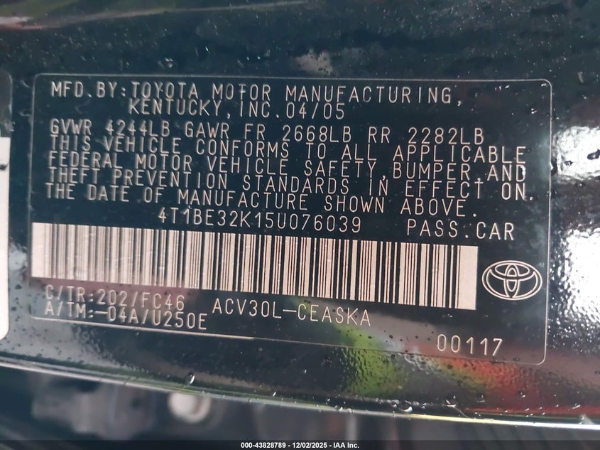 4T1BE32K15U076039 2005 TOYOTA CAMRY photo no. 9