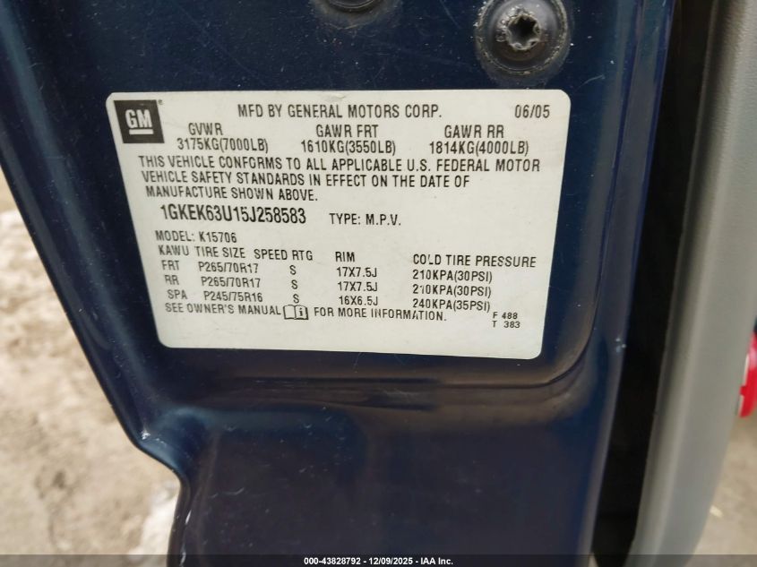 2005 GMC Yukon Denali VIN: 1GKEK63U15J258583 Lot: 43828792