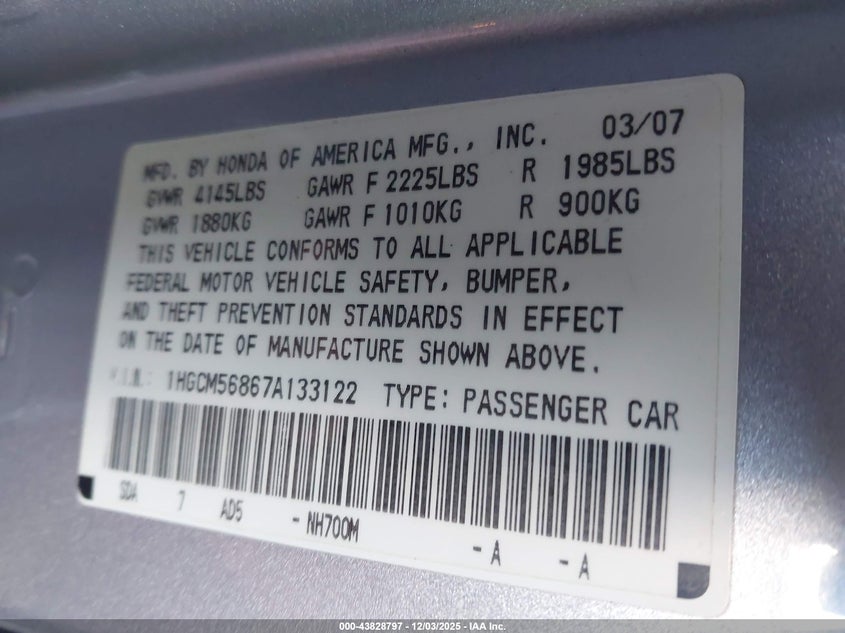 1HGCM56867A133122 2007 HONDA ACCORD photo no. 9