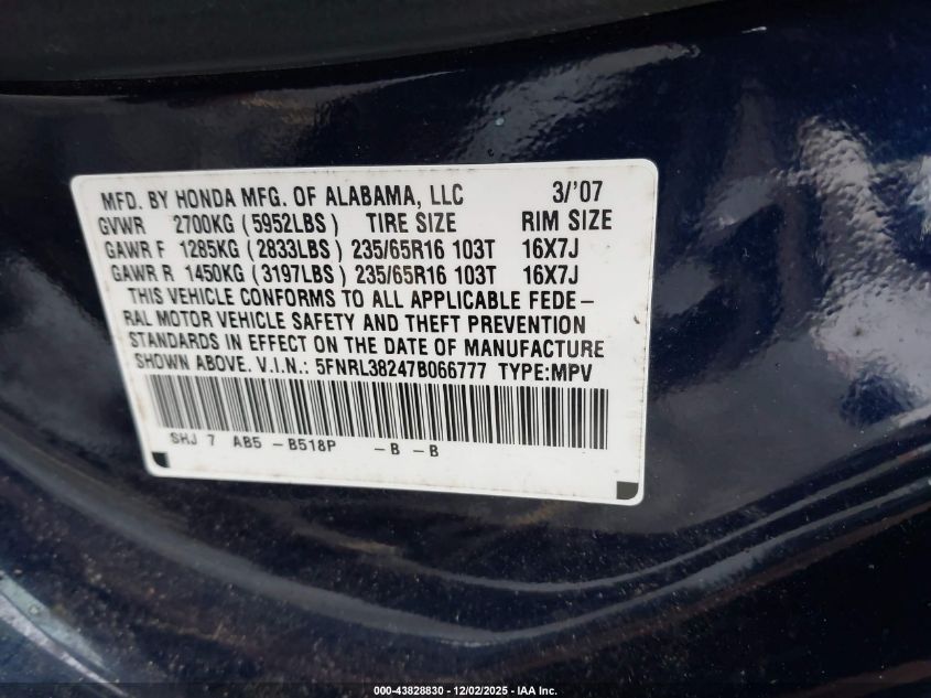 2007 Honda Odyssey Lx VIN: 5FNRL38247B066777 Lot: 43828830