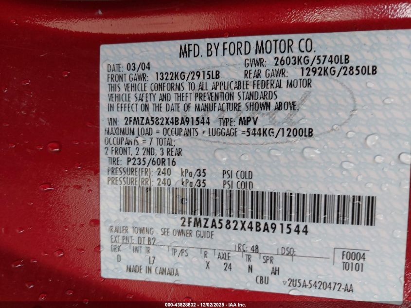 2004 Ford Freestar Limited VIN: 2FMZA582X4BA91544 Lot: 43828832