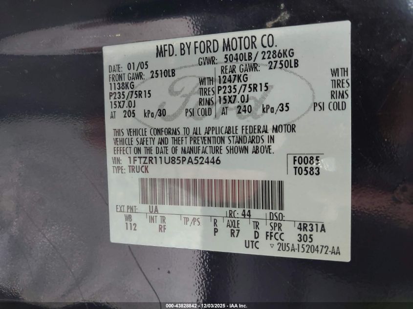 2005 Ford Ranger Edge/Xl/Xlt VIN: 1FTZR11U85PA52446 Lot: 43828842
