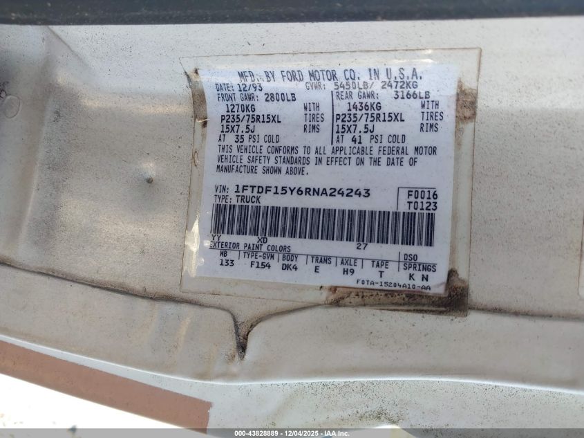 1994 Ford F150 VIN: 1FTDF15Y6RNA24243 Lot: 43828889