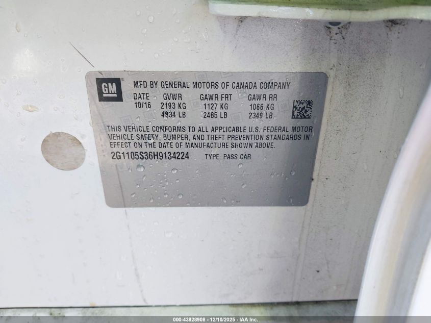 2017 Chevrolet Impala 1Lt VIN: 2G1105S36H9134224 Lot: 43828908