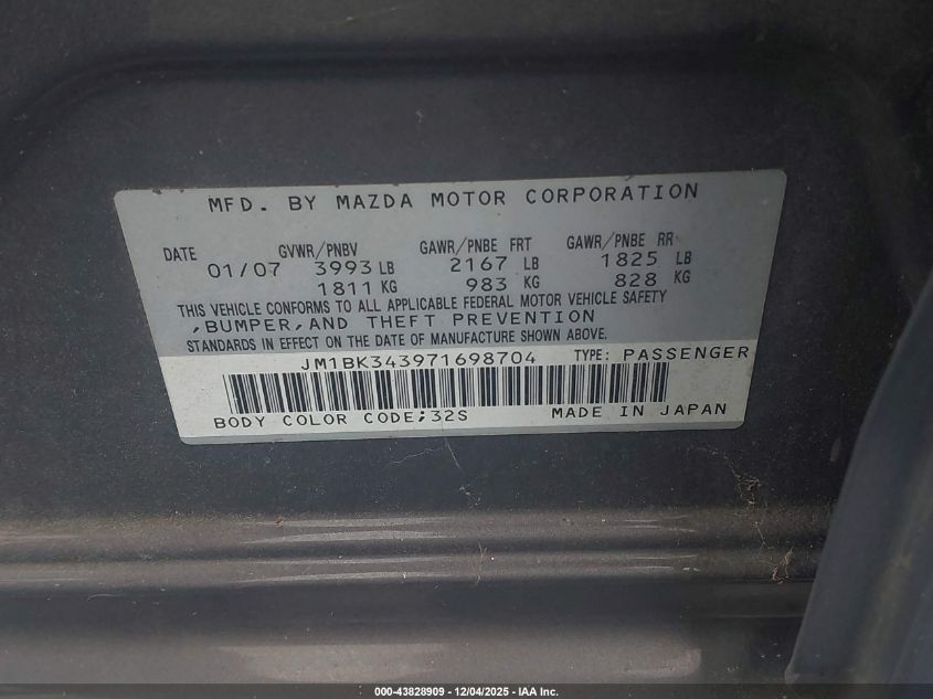 2007 Mazda Mazda3 S Touring VIN: JM1BK343971698704 Lot: 43828909