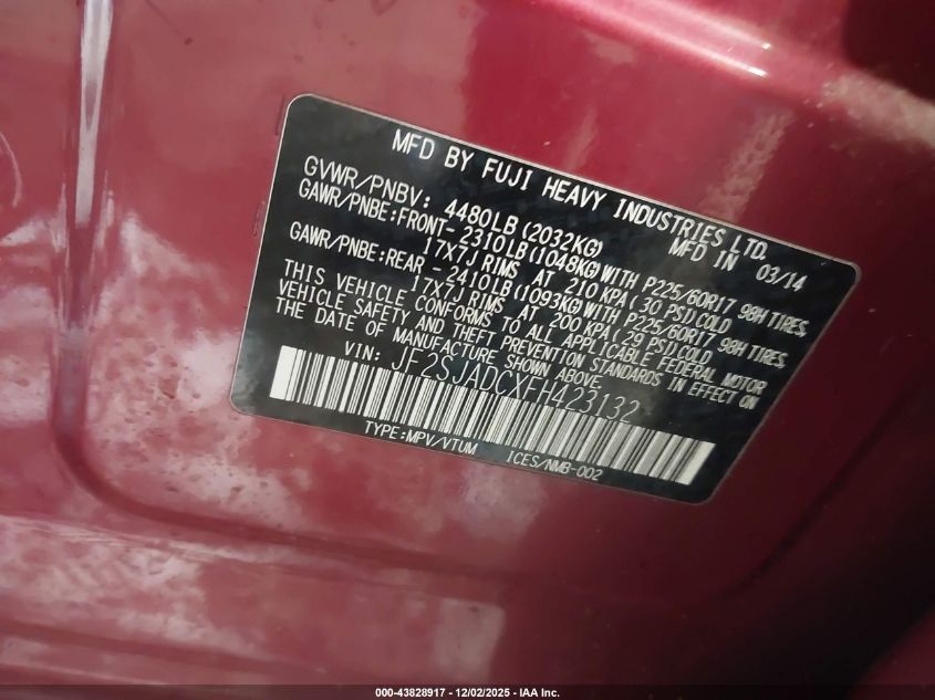 2015 Subaru Forester 2.5I Premium VIN: JF2SJADCXFH423132 Lot: 43828917