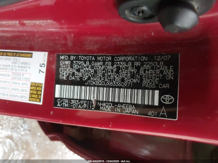 2008 Toyota Prius VIN: JTDKB20UX83360971 Lot: 43828919