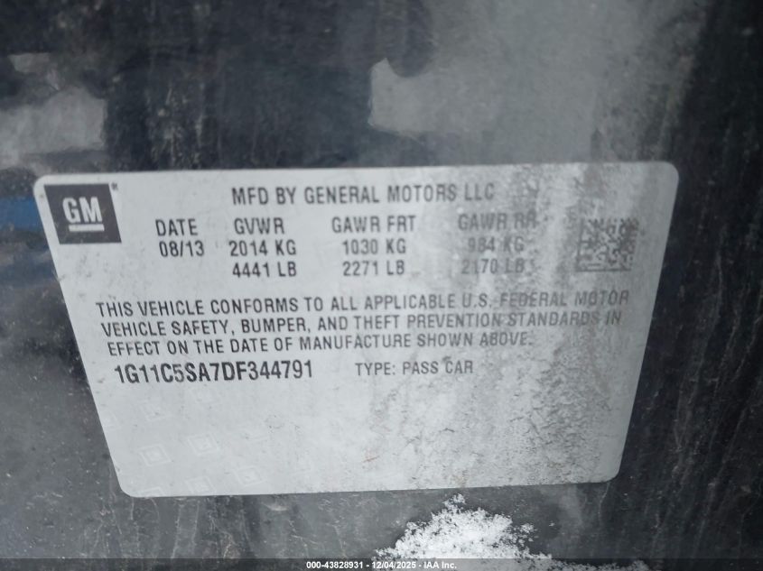 2013 Chevrolet Malibu 1Lt VIN: 1G11C5SA7DF344791 Lot: 43828931
