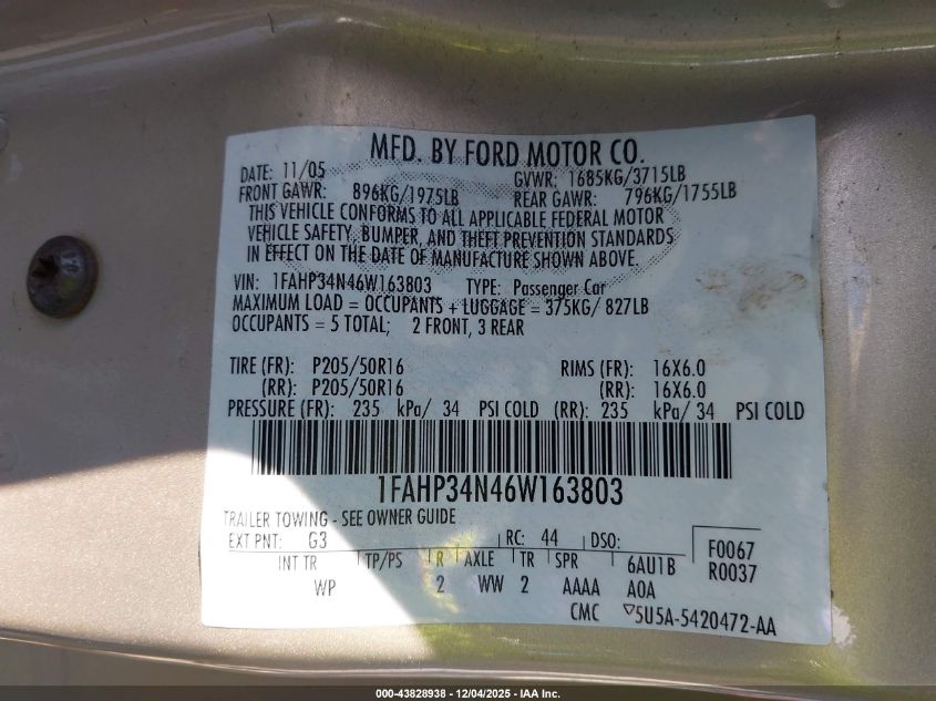 2006 Ford Focus Zx4 VIN: 1FAHP34N46W163803 Lot: 43828938