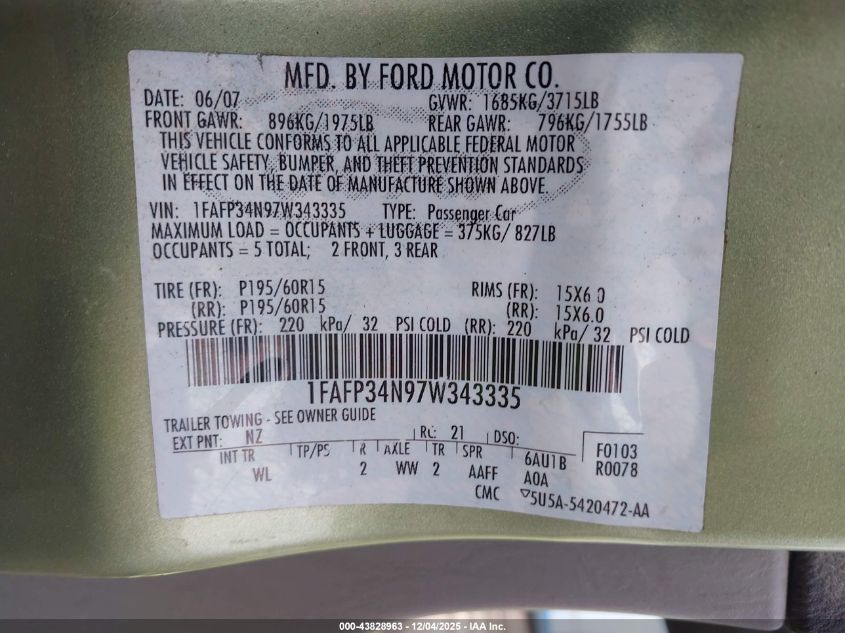 2007 Ford Focus S/Se/Ses VIN: 1FAFP34N97W343335 Lot: 43828963