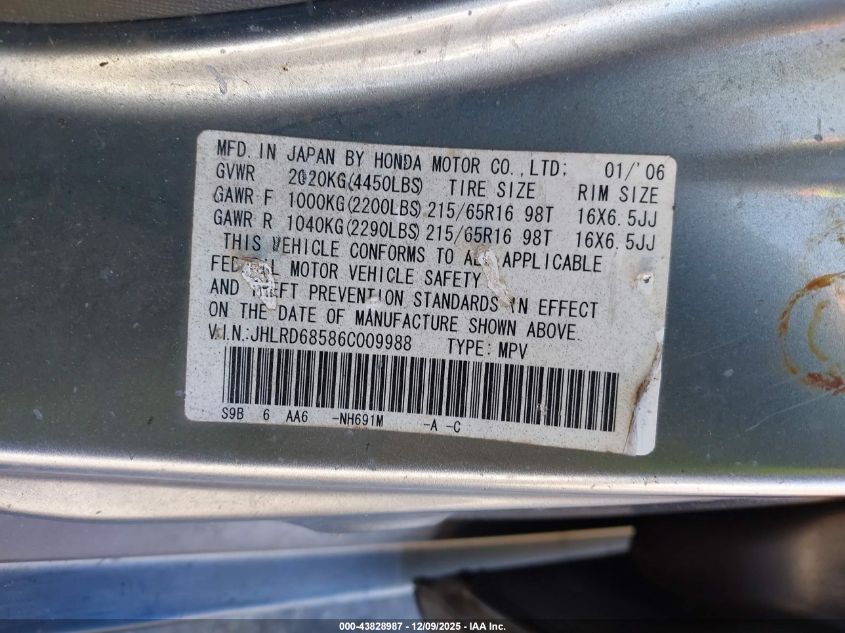 2006 Honda Cr-V Lx VIN: JHLRD68586C009988 Lot: 43828987