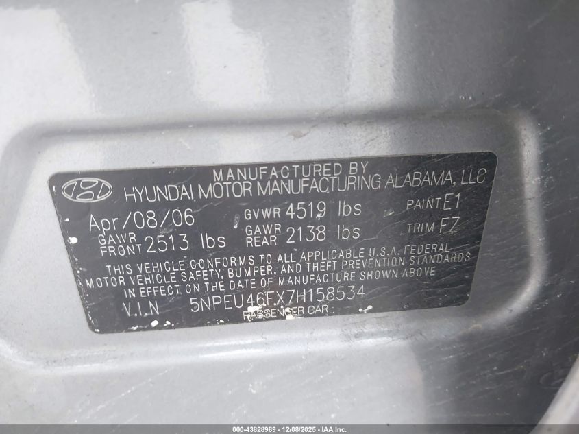 2007 Hyundai Sonata Limited/Se V6 VIN: 5NPEU46FX7H158534 Lot: 43828989