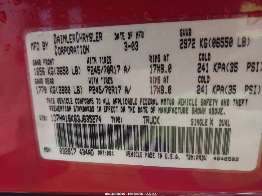 2003 Dodge Ram 1500 St VIN: 1D7HA16K63J635274 Lot: 43828995