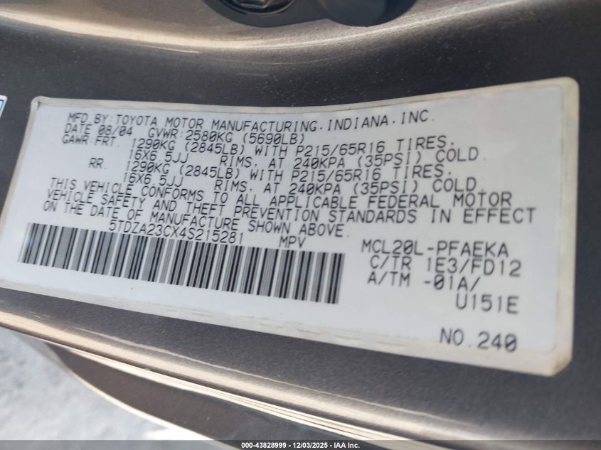 2004 Toyota Sienna Ce VIN: 5TDZA23CX4S215281 Lot: 43828999