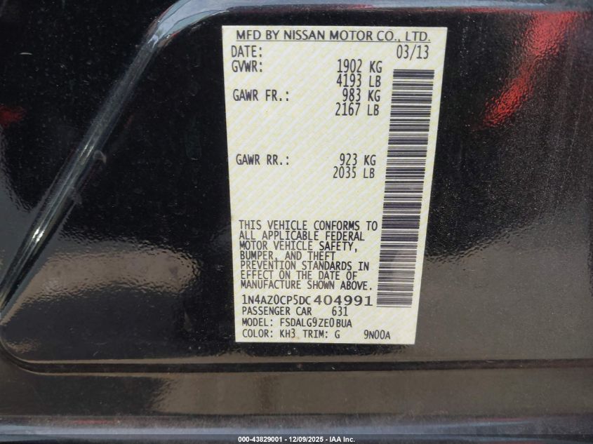 2013 Nissan Leaf Sl VIN: 1N4AZ0CP5DC404991 Lot: 43829001