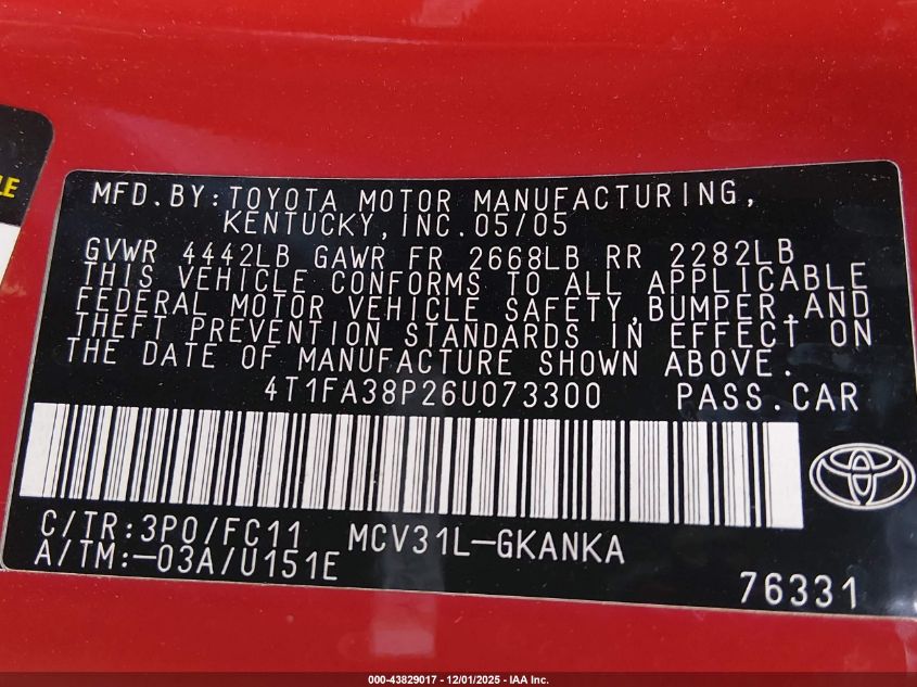 2006 Toyota Camry Solara Se VIN: 4T1FA38P26U073300 Lot: 43829017