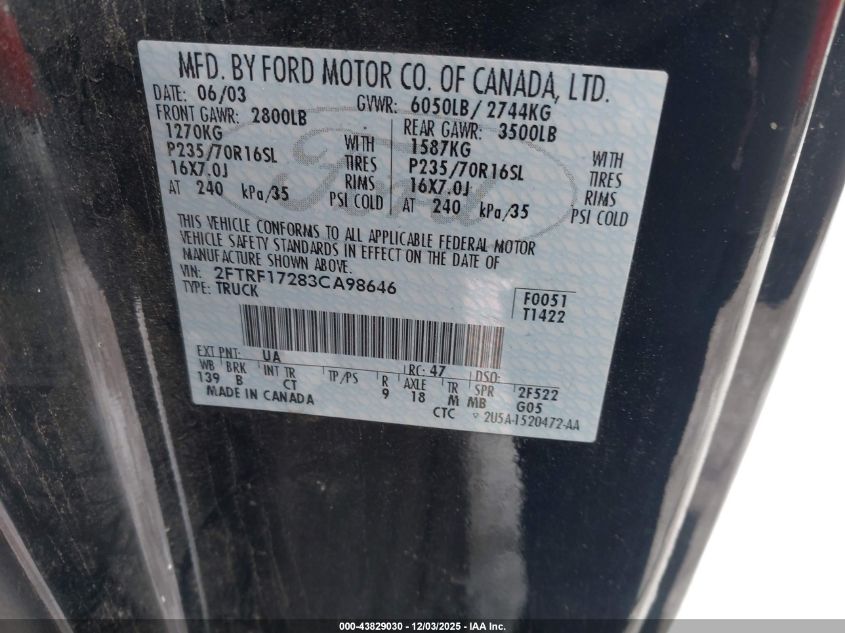 2003 Ford F-150 Xl/Xlt VIN: 2FTRF17283CA98646 Lot: 43829030