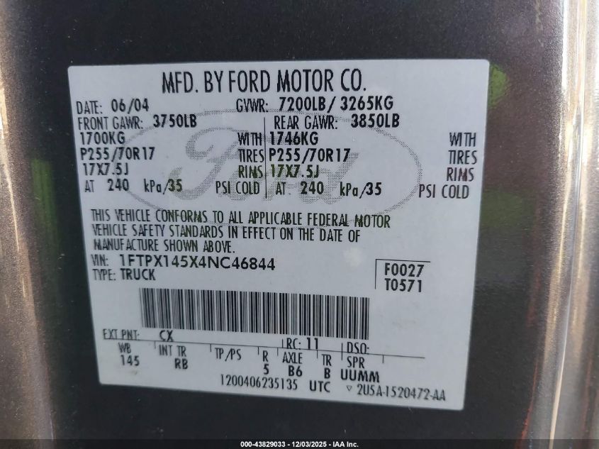 2004 Ford F-150 Fx4/Lariat/Xl/Xlt VIN: 1FTPX145X4NC46844 Lot: 43829033