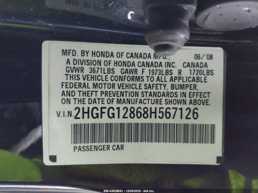 2008 Honda Civic Ex VIN: 2HGFG12868H567126 Lot: 43829041
