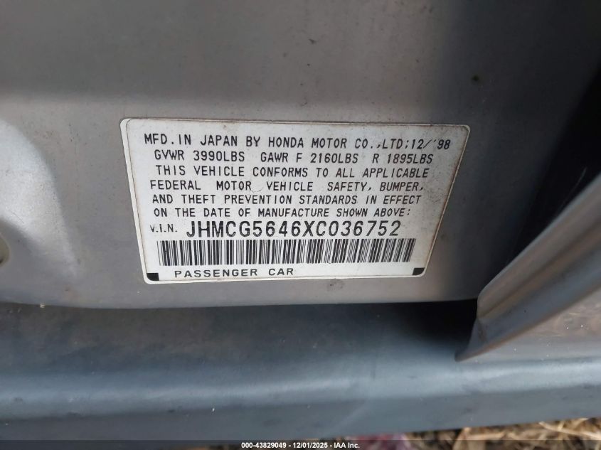 1999 Honda Accord Lx VIN: JHMCG5646XC036752 Lot: 43829049
