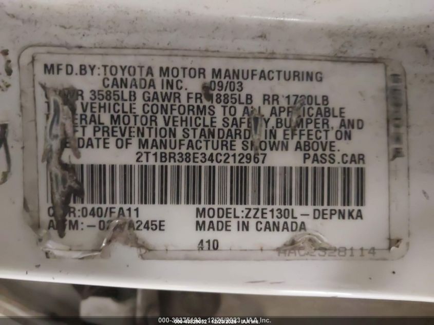 2004 Toyota Corolla Le VIN: 2T1BR38E34C212967 Lot: 43829052