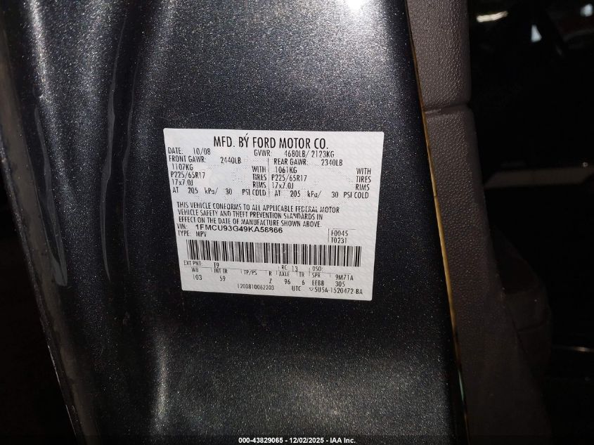 2009 Ford Escape Xlt VIN: 1FMCU93G49KA58866 Lot: 43829065