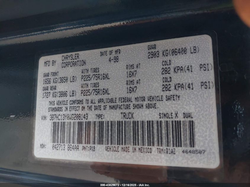 1998 Dodge Ram 1500 St VIN: 3B7HC13Y0WG208143 Lot: 43829072
