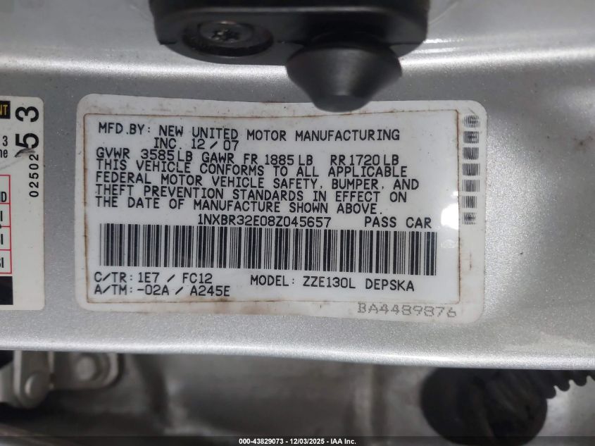 2008 Toyota Corolla S VIN: 1NXBR32E08Z045657 Lot: 43829073