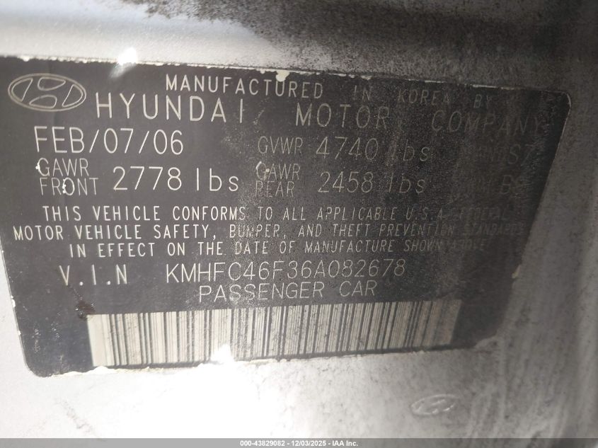 2006 Hyundai Azera Limited/Se VIN: KMHFC46F36A082678 Lot: 43829082