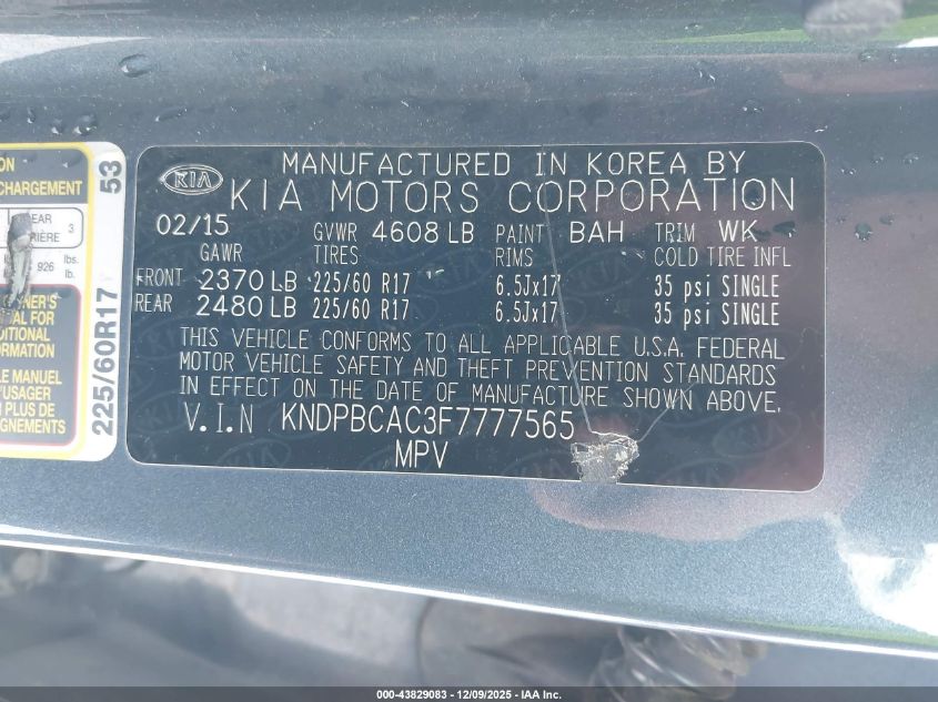 2015 Kia Sportage Lx VIN: KNDPBCAC3F7777565 Lot: 43829083